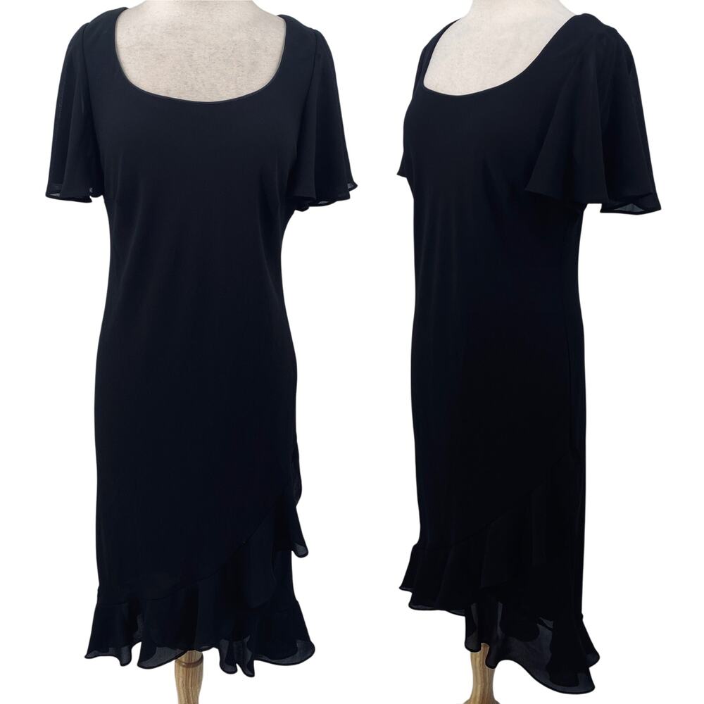 Vintage 90s Chiffon Ruffled Hem High Low Cocktail Dress Scoopneck Black Large